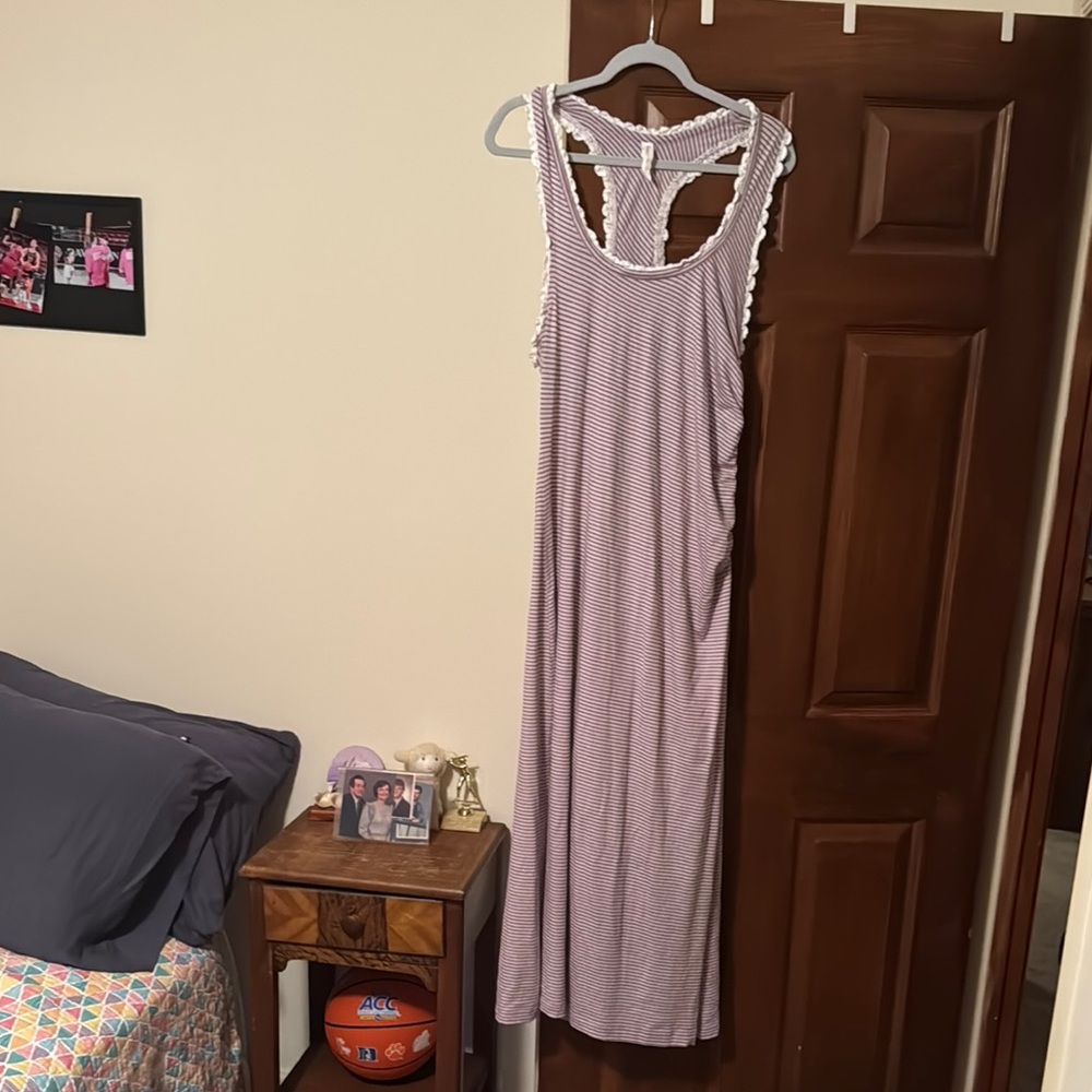 Anthropologie White and Purple Maxi Dress with Lace Details